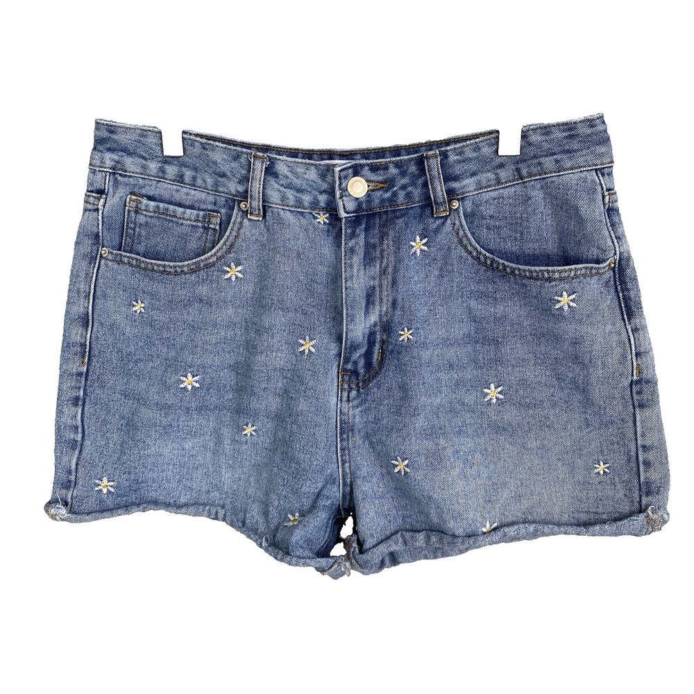 Khaki + Blue Womens Denim Shorts Size 13/31 Blue Daisy Embroidered Raw Hem